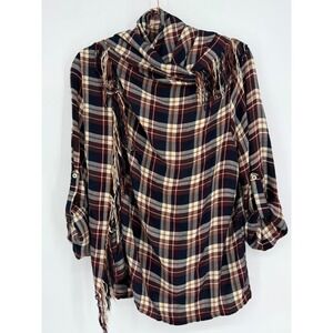 Altered State Womens M Plaid Fringe Drape Front Flannel Shirt Burgundy Navy